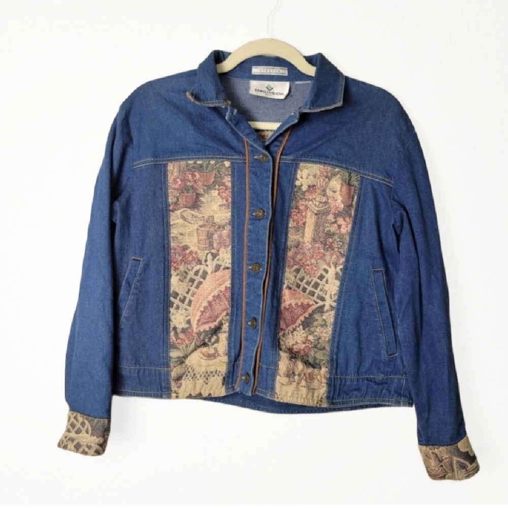 Erin London 80s 90s Vintage Floral Garden Tapestry Chambray Denim Button Jacket